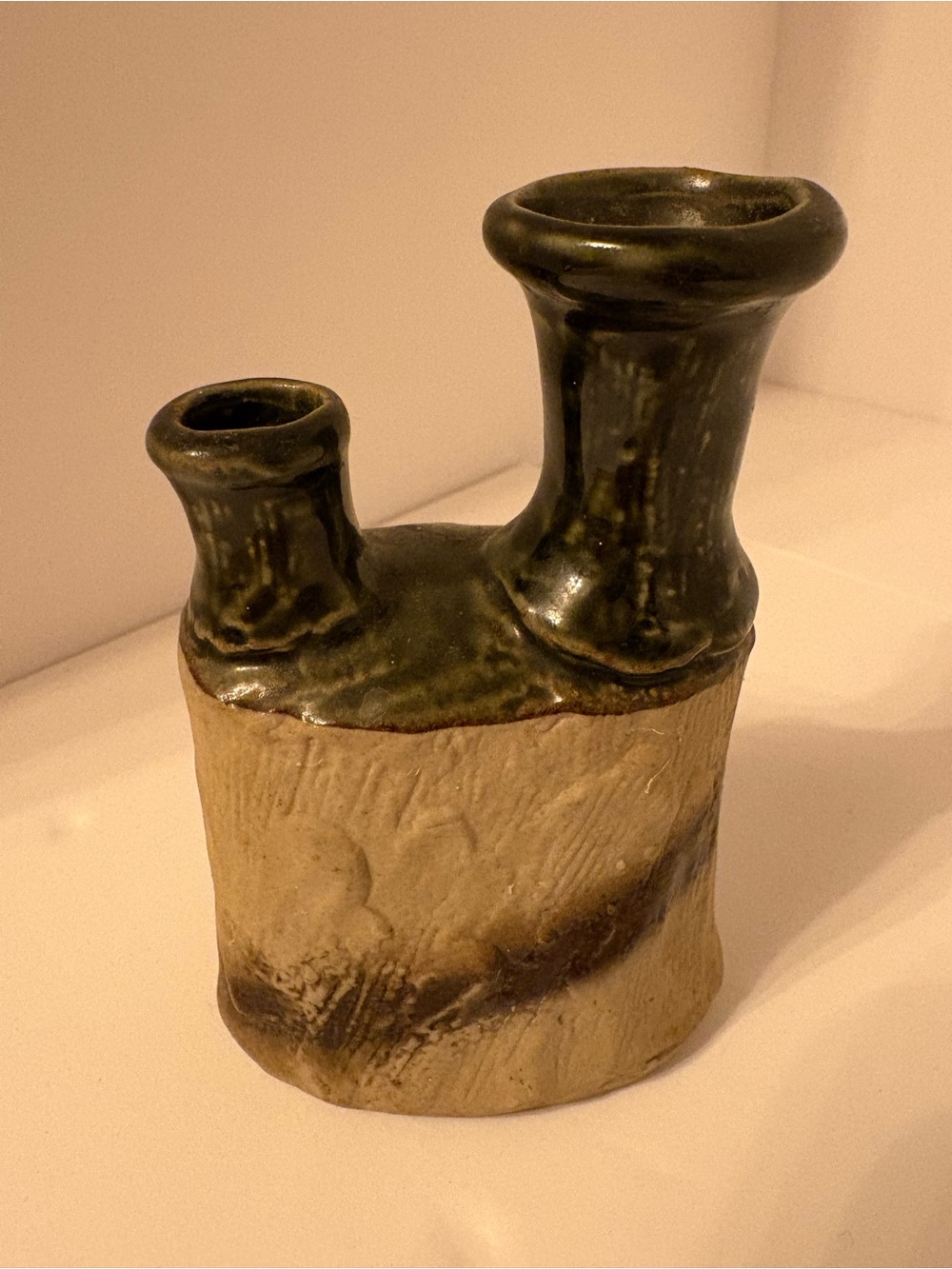 Handcrafted Two-Tone Ceramic Bud Vase in Green and Tan